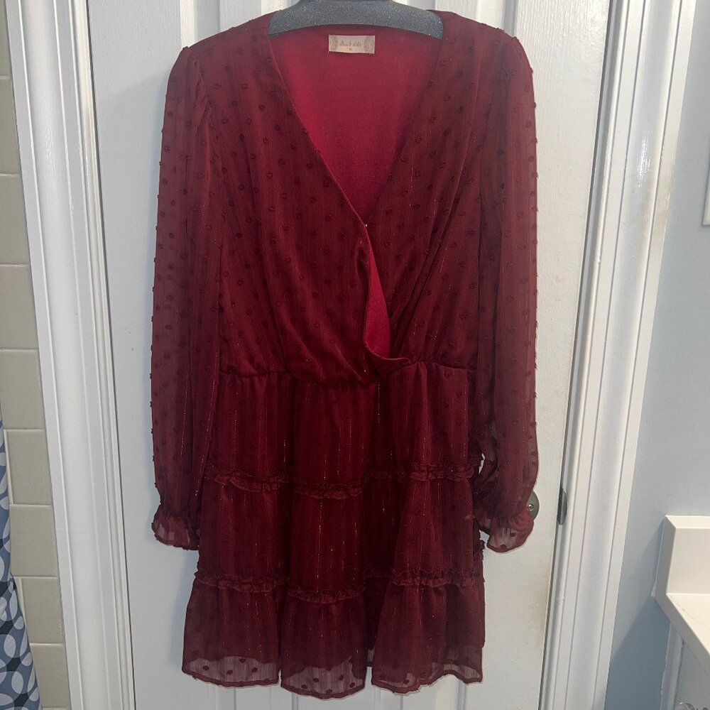 Altar'd State long sleeved burgundy dot mini dress with gold detailing size M